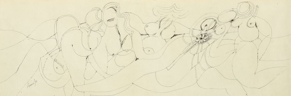 Avinash Chandra (1931-1991) Untitled (Figures): Avinash Chandra (1931-1991) Untitled (Figures) signed and dated 'Avinash 63' lower left pen on paper, framed 22.7 x 69cm (8 15/16 x 27 3/16in). Footnotes: Provenance Property from a private collect