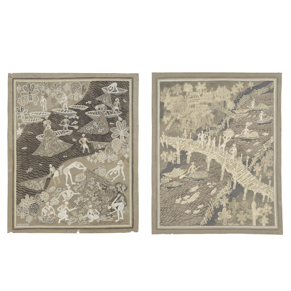 Sapna (B.Unknown) Untitled (Village fishing scenes) each 66.8 x 55 cm (26 5/15 x 21 5/8 inch): Sapna (B.Unknown) Untitled (Village fishing scenes) signed 'Sapna 1993' lower left and centre right pigments on paper each 66.8 x 55 cm (26 5/15 x 21 5/8 inch) Footnotes: Provenance Property from a pr
