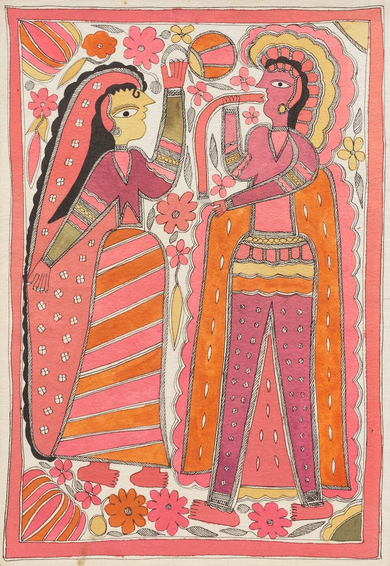 Santhal Folk Style (Early 20th Century) Untitled (Man & Woman): Santhal Folk Style (Early 20th Century) Untitled (Man & Woman) natural pigments on paper, framed 56 x 38.1cm (22 1/16 x 15in). Footnotes: Provenance Property from a private collection, UK. For furt