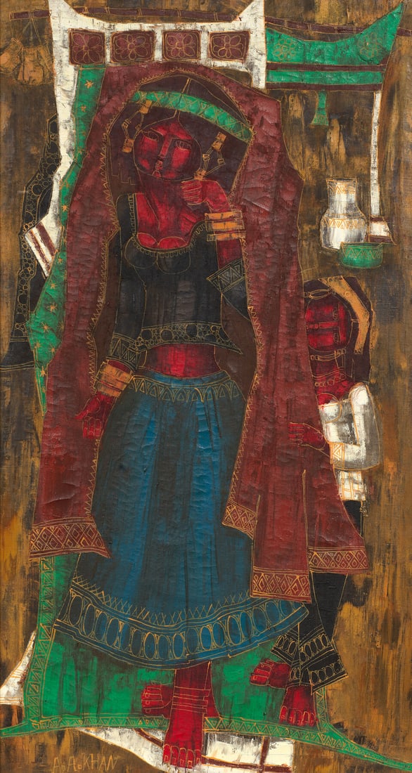 A A. Khan (B.Unknown) Untitled (Woman and Child): A A. Khan (B.Unknown) Untitled (Woman and Child) signed 'A.A. Khan' lower left oil on canvas, framed 82.3 x 44.4cm (32 3/8 x 17 1/2in). Footnotes: Provenance Property from a private collection, UK.
