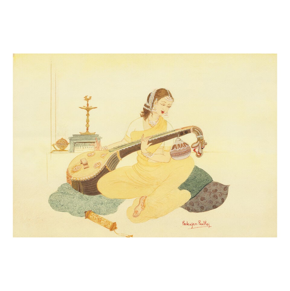 Pankajam Paulraj (1914-1979) Untitled (Lady playing the Veena): Pankajam Paulraj (1914-1979) Untitled (Lady playing the Veena) signed 'Pankajam PaulRaj' lower left; circa 1960s watercolour on paper laid on card, framed 26.2 x 36.9cm (10 5/16 x 14 1/2in). Footnotes