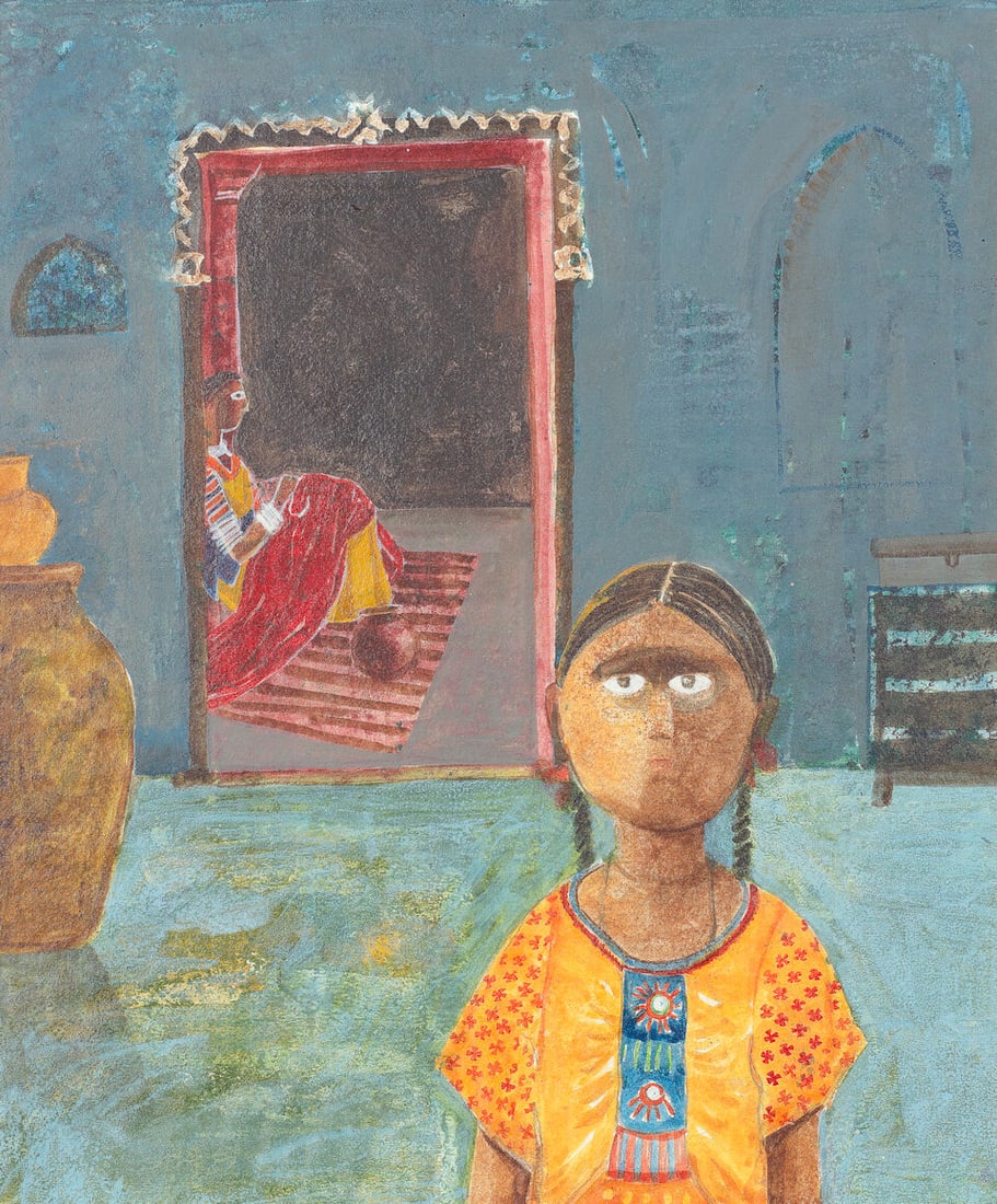 Manisha Patil (B. Unknown) Untitled (Girl and Mother): Manisha Patil (B. Unknown) Untitled (Girl and Mother) artist name, address and signature verso mixed media on paper, framed 45 x 37.1cm (17 11/16 x 14 5/8in). Footnotes: Provenance Property from a