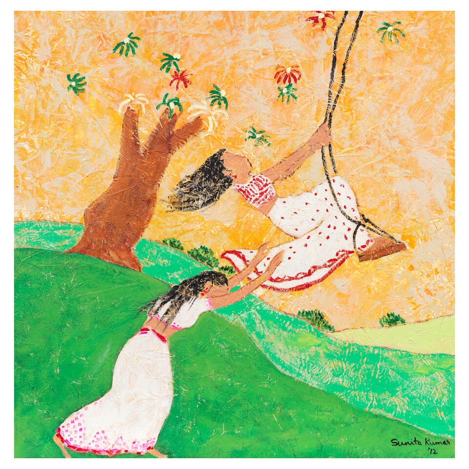 Sunita Kumar (B.1942) Untitled (Two females playing on a swing): Sunita Kumar (B.1942) Untitled (Two females playing on a swing) Signed and dated 'Sunita kumar '12' lower right acrylic on canvas, framed 76.5 x 75.9cm (30 1/8 x 29 7/8in). Footnotes: Provenance P