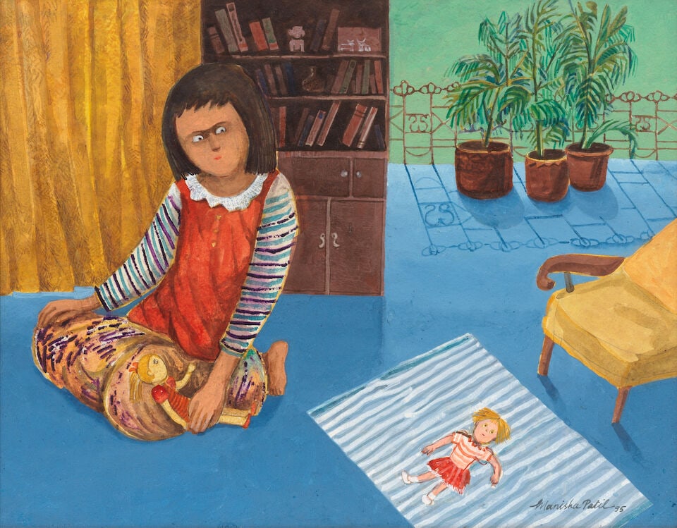 Manisha Patil (B. Unknown) Untitled (Girl Playing): Manisha Patil (B. Unknown) Untitled (Girl Playing) Signed and dated 'Manisha Patil '95' lower right Acrylic on canvas, framed 44.6 x 57.6cm (17 9/16 x 22 11/16in). Footnotes: Provenance Property fr