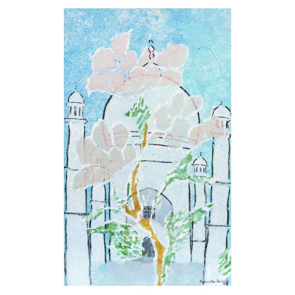 Sunita Kumar (B.1942) Untitled (Taj Mahal): Sunita Kumar (B.1942) Untitled (Taj Mahal) signed 'Sunita Kumar 'and dated 'indecipherable' lower right acrylic on canvas, framed 76.3 x 45.8cm (30 1/16 x 18 1/16in). Footnotes: Provenance Property