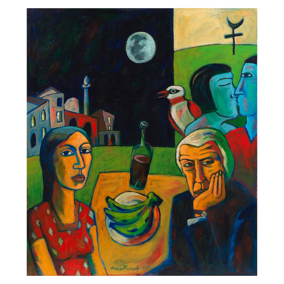 Moeen Faruqi (B.1958) Untitled (Two figures): Moeen Faruqi (B.1958) Untitled (Two figures) oil on canvas, framed 106.4 x 91.1cm (41 7/8 x 35 7/8in). Footnotes: Provenance Property from a private collection, UK. Faruqi is both a painter and po