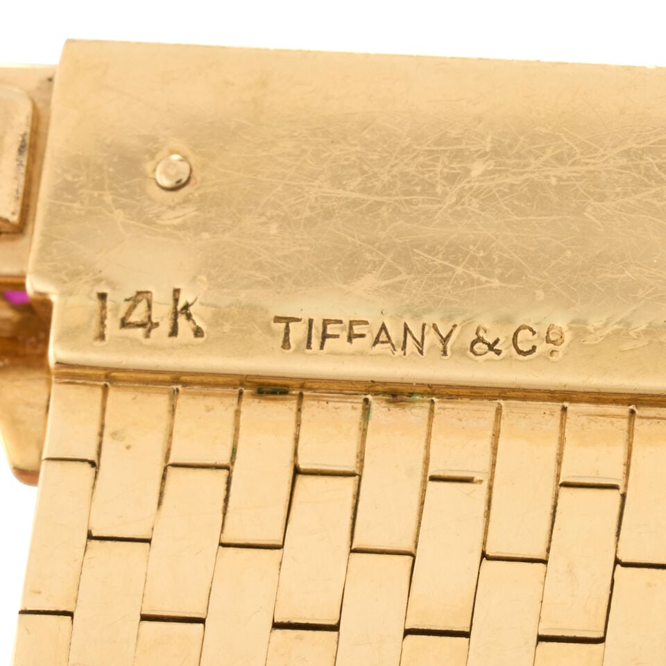 TIFFANY & CO.: A RETRO 14K GOLD, RUBY, AND DIAMOND BUCKLE BRACELET - 3