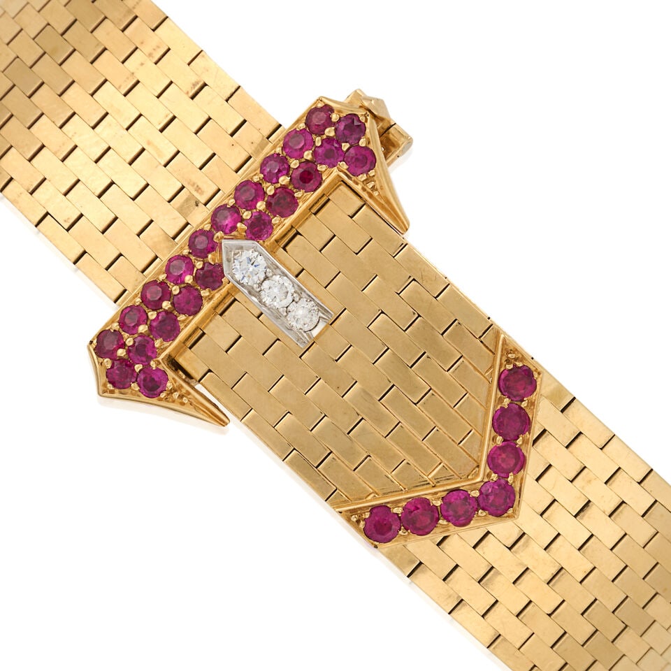 TIFFANY & CO.: A RETRO 14K GOLD, RUBY, AND DIAMOND BUCKLE BRACELET - 4