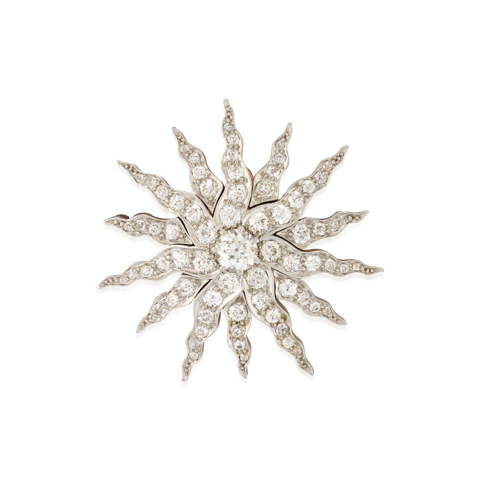 AN ANTIQUE DIAMOND SUNBURST PENDANT/BROOCH, CIRCA 1890: AN ANTIQUE DIAMOND SUNBURST PENDANT/BROOCH, CIRCA 1890 Set with old European-cut diamonds, approximate total weight 3.00 carats, with retractable pendant bail and removeable brooch findings, in