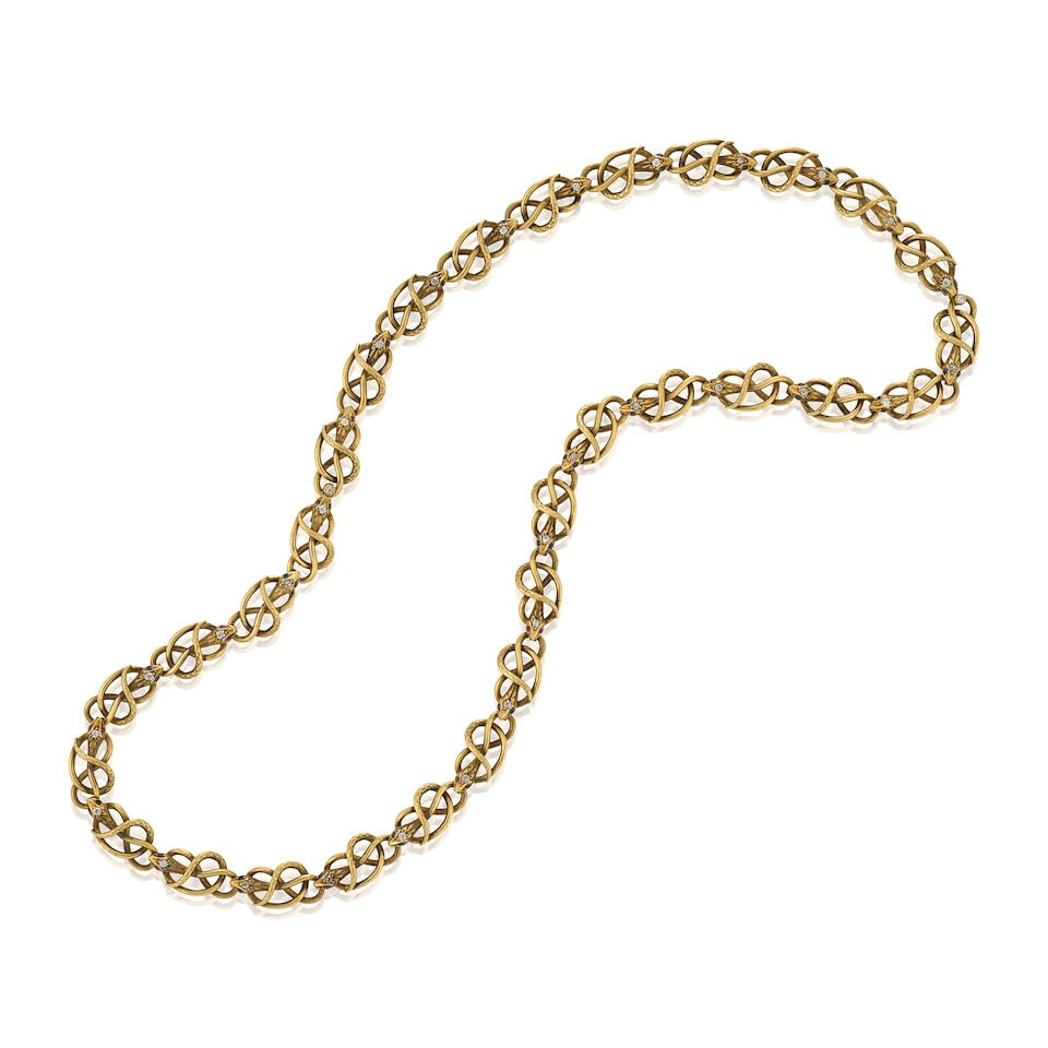AN ANTIQUE GOLD GEM-SET CONVERTIBLE SUITE: AN ANTIQUE GOLD GEM-SET CONVERTIBLE SUITE Composed of snake form links, set with old mine and old single-cut diamonds, with circular-cut ruby and sapphire eyes, converting from a long necklace to a