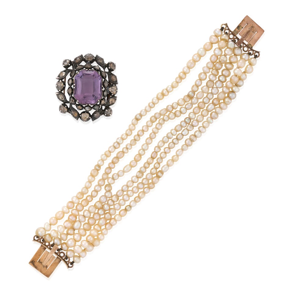 AN ANTIQUE AMETHYST, PEARL, AND DIAMOND BRACELET - 3