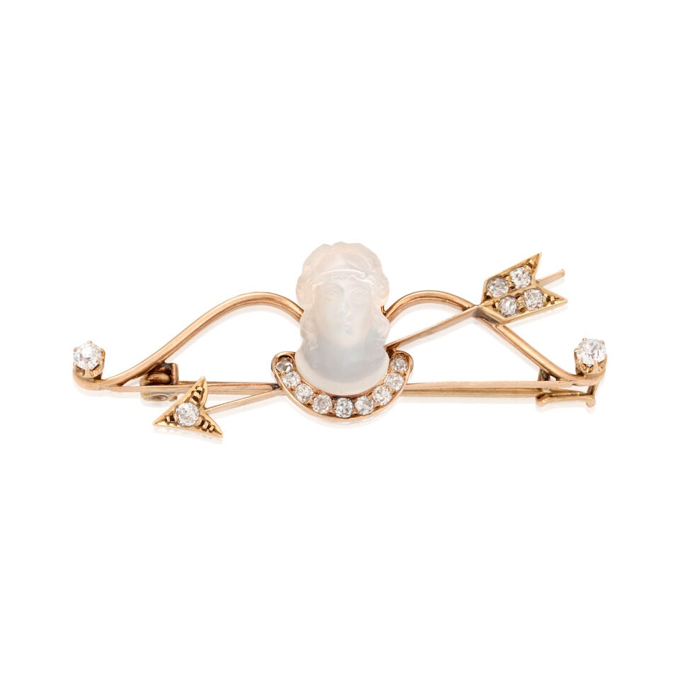AN ANTIQUE ROSE GOLD, CARVED MOONSTONE, AND DIAMOND BROOCH (1 of 3)