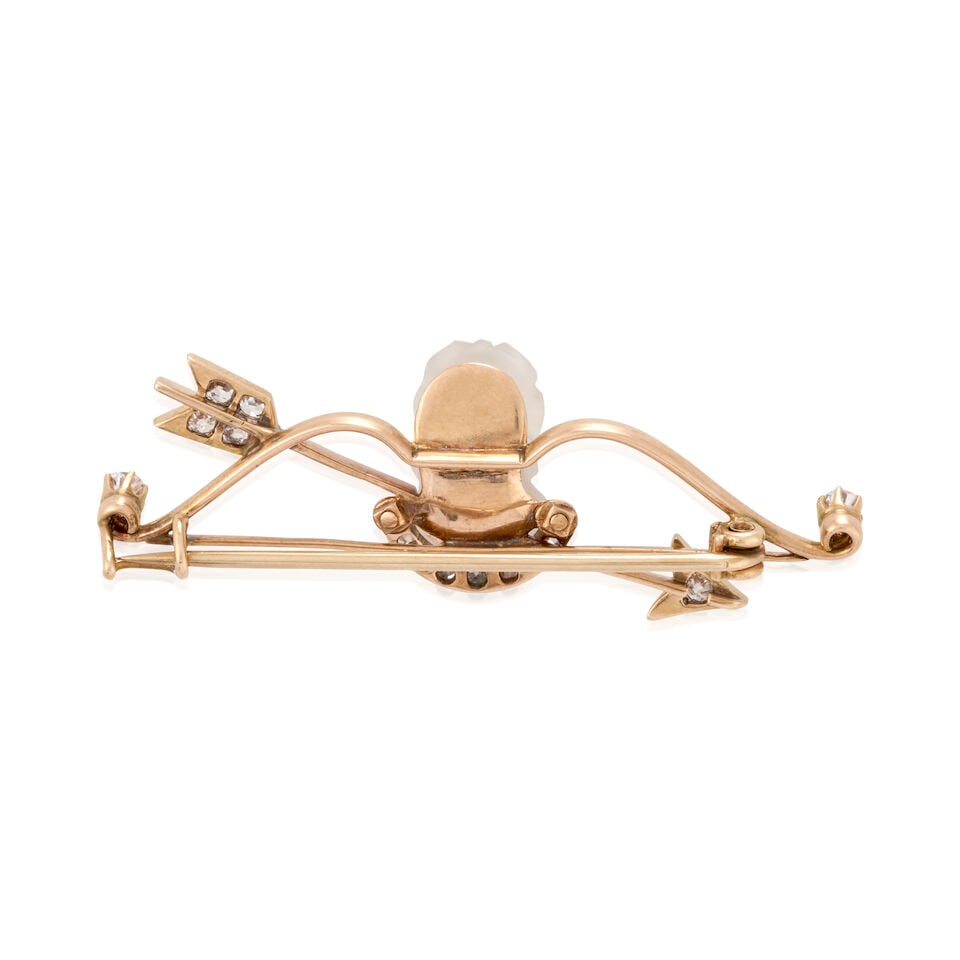 AN ANTIQUE ROSE GOLD, CARVED MOONSTONE, AND DIAMOND BROOCH - 3