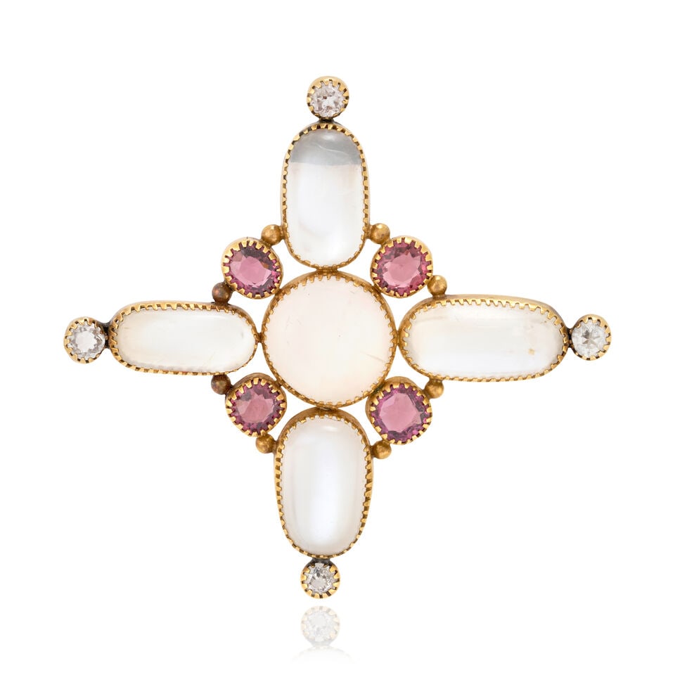 AN ANTIQUE MOONSTONE, GARNET, AND DIAMOND BROOCH: AN ANTIQUE MOONSTONE, GARNET, AND DIAMOND BROOCH Bezel-set with moonstone cabochons, fancy-cut garnets, and colorless sapphires, mounted in gold, weight 6.3 dwt, measures 2 1/8 x 2 in. For further inf