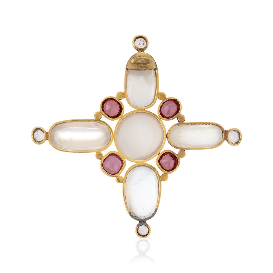 AN ANTIQUE MOONSTONE, GARNET, AND DIAMOND BROOCH - 3