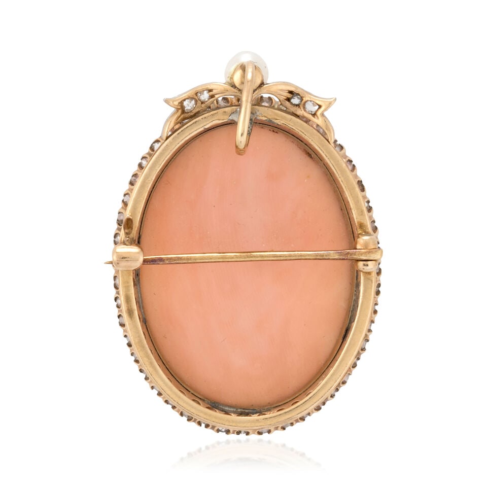 AN ANTIQUE CORAL CAMEO, PEARL, AND DIAMOND PENDANT/BROOCH - 3
