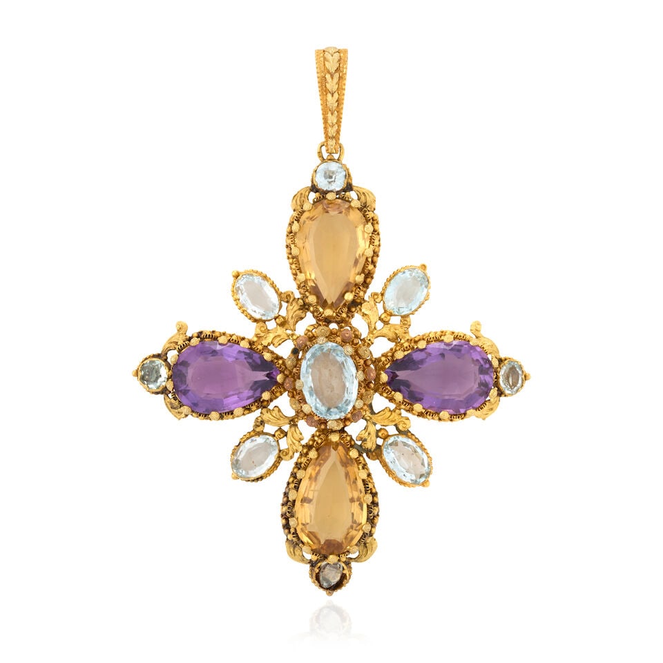 AN ANTIQUE GOLD GEM-SET CROSS PENDANT, CIRCA 1830: AN ANTIQUE GOLD GEM-SET CROSS PENDANT, CIRCA 1830 The fine cannetille-work cross set with fancy-cut amethyst, citrine, aquamarine, and two later-set foil-back blue topaz, weight 12.3 dwt, measures 3