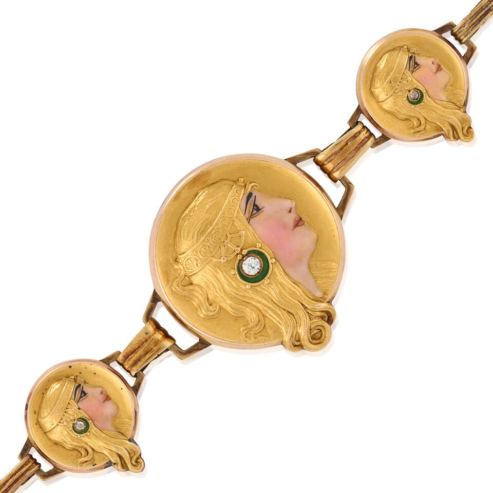 AN ANTIQUE 14K GOLD, ENAMEL, AND DIAMOND BRACELET, CIRCA 1910 - 4