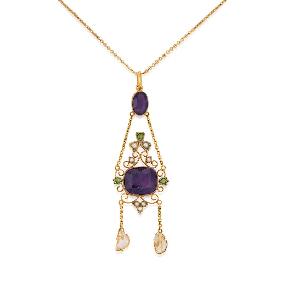 AN ANTIQUE GOLD, GEM-SET, AND FRESHWATER PEARL SUFFRAGETTE PENDANT, ENGLAND: AN ANTIQUE GOLD, GEM-SET, AND FRESHWATER PEARL SUFFRAGETTE PENDANT, ENGLAND The lavalier pendent centering a bezel-set fancy-cut amethyst measuring approximately 13.50 x 11.25 x 6.45 mm, framed by cir