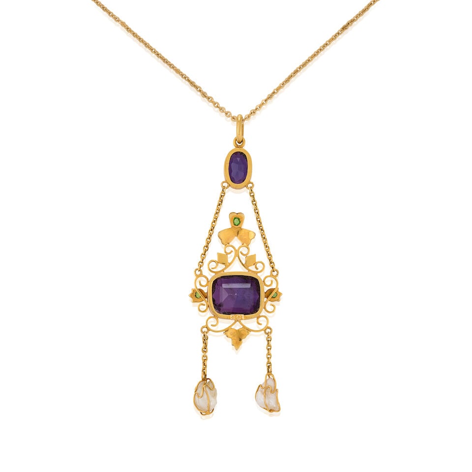 AN ANTIQUE GOLD, GEM-SET, AND FRESHWATER PEARL SUFFRAGETTE PENDANT, ENGLAND - 3