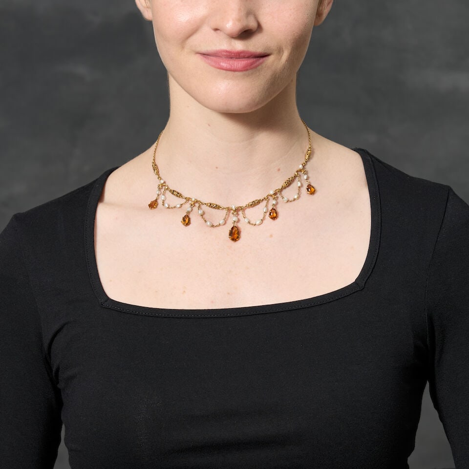 AN ANTIQUE GOLD, CITRINE, AND BAROQUE FRESHWATER PEARL NECKLACE - 2