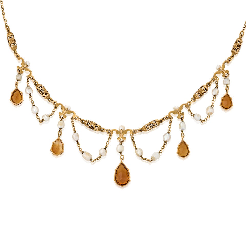 AN ANTIQUE GOLD, CITRINE, AND BAROQUE FRESHWATER PEARL NECKLACE - 3