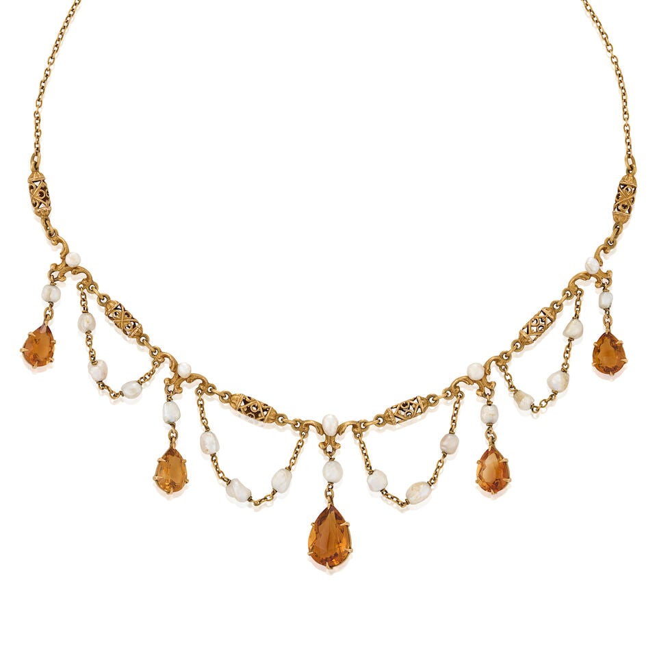 AN ANTIQUE GOLD, CITRINE, AND BAROQUE FRESHWATER PEARL NECKLACE - 4