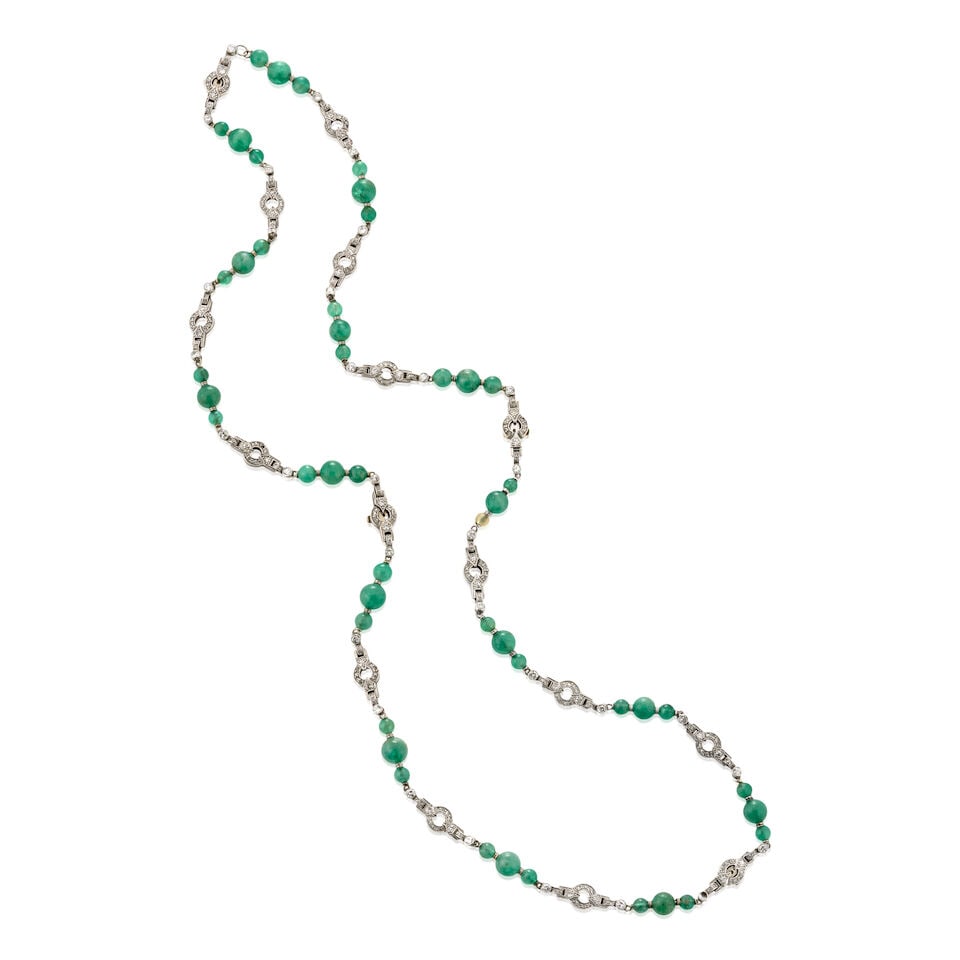 AN ART DECO PLATINUM, EMERALD, AND DIAMOND CONVERTIBLE SUITE: AN ART DECO PLATINUM, EMERALD, AND DIAMOND CONVERTIBLE SUITE Composed of emerald beads, ranging in size from approximately 4.30 to 7.40 mm, joined by platinum links set with transitional, single, and 