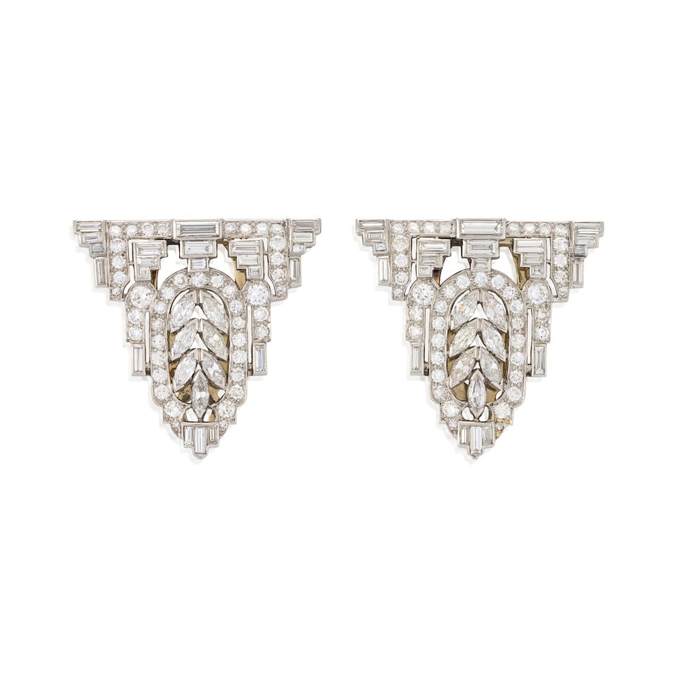 A PAIR OF PLATINUM AND DIAMOND CLIP BROOCHES, CIRCA 1940 - 6