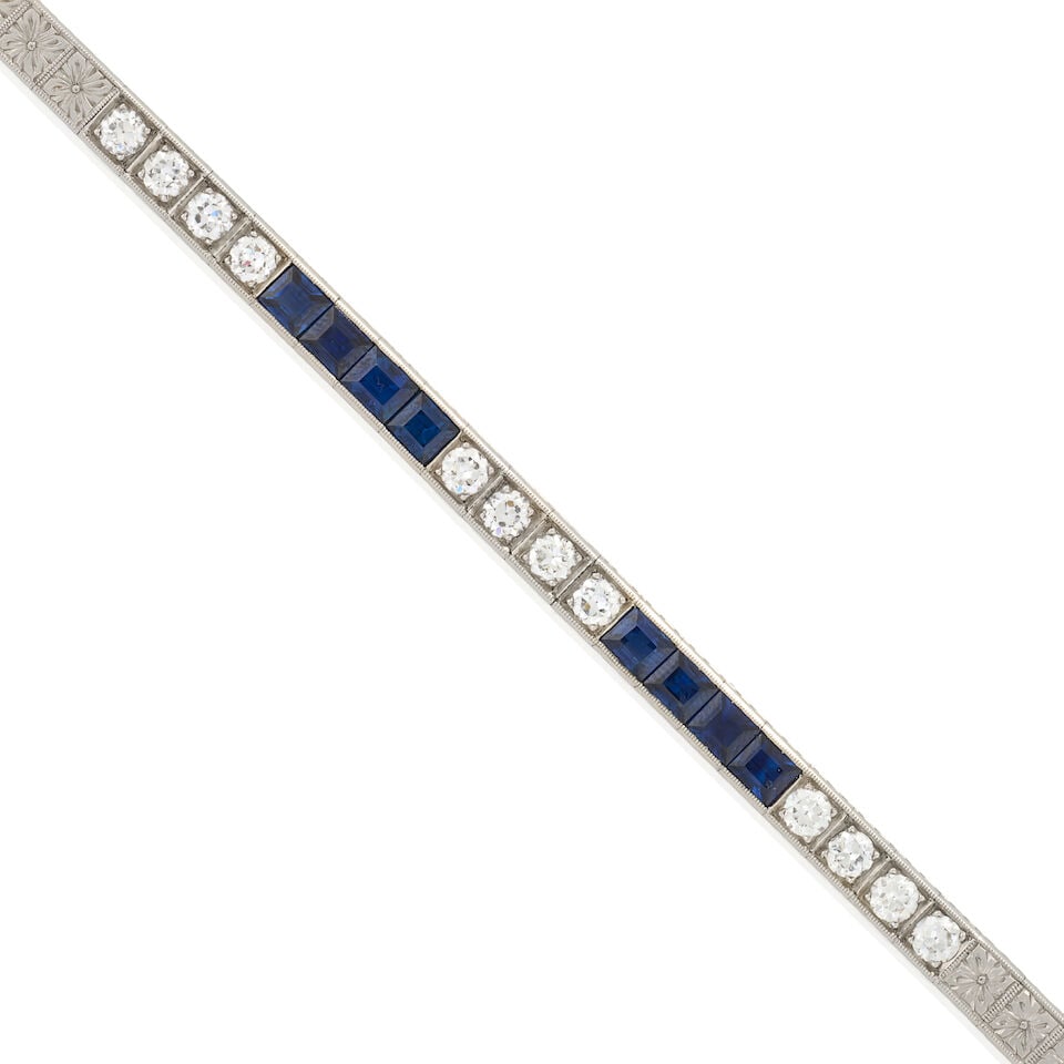 J.E. CALDWELL & CO.: AN ART DECO PLATINUM, SAPPHIRE, AND DIAMOND LINE BRACELET - 3