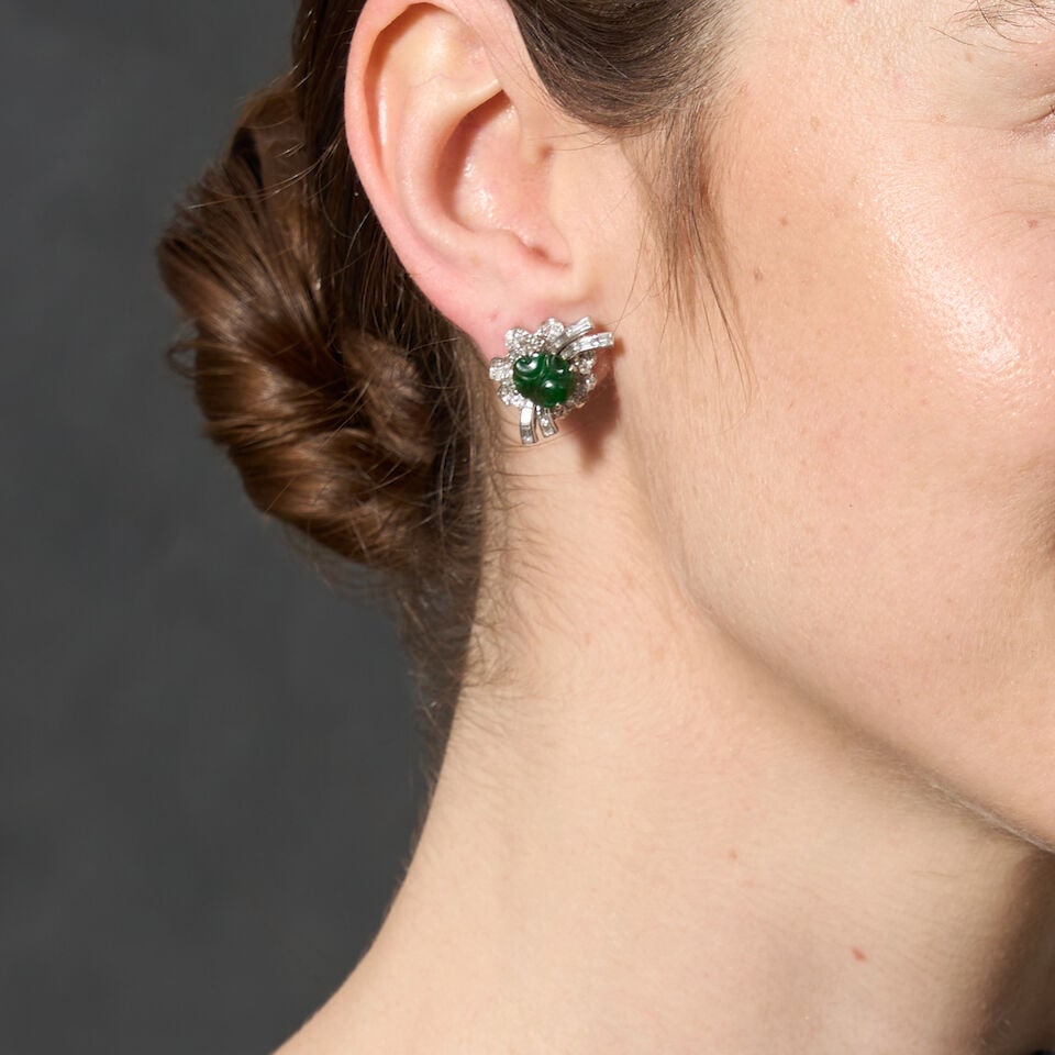 A PAIR OF WHITE GOLD, JADE, AND DIAMOND EARRINGS, CIRCA 1950s - 2