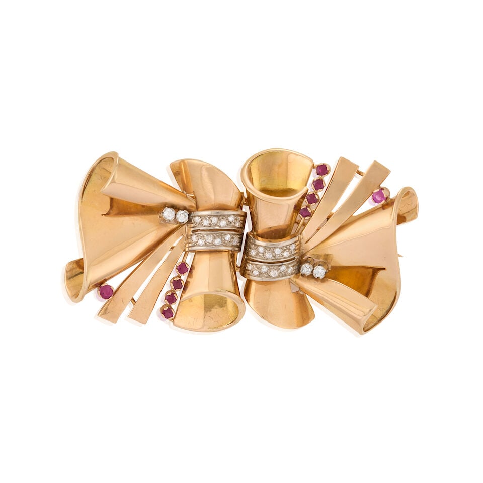 A PAIR OF RETRO 18K GOLD, RUBY, AND DIAMOND CLIP BROOCHES - 6