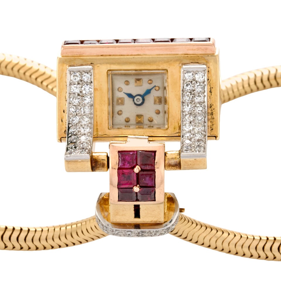 HAYDEN W. WHEELER: A RETRO 14K GOLD, RUBY, AND DIAMOND BRACELET WATCH - 4