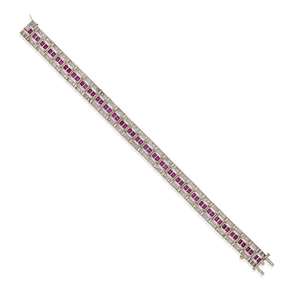 AN ART DECO PLATINUM, RUBY, AND DIAMOND BRACELET - 3