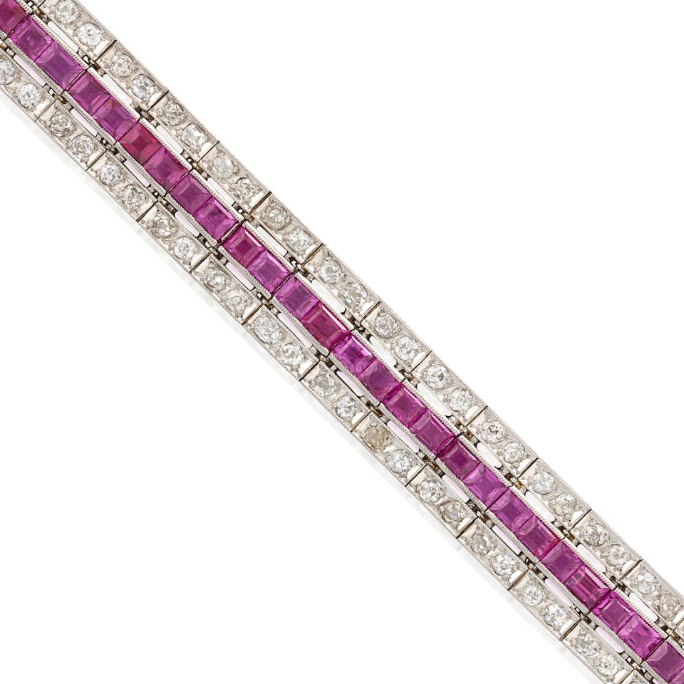 AN ART DECO PLATINUM, RUBY, AND DIAMOND BRACELET - 4