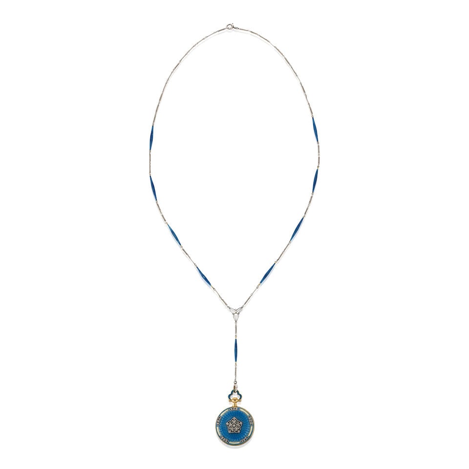 A BELLE ÉPOQUE ENAMEL AND DIAMOND OPEN FACE PENDANT WATCH: A BELLE ÉPOQUE ENAMEL AND DIAMOND OPEN FACE PENDANT WATCH The 18k gold and guilloche enamel case with platinum and rose-cut diamond mount, the gold watch face with Arabic numeral indicators, stem
