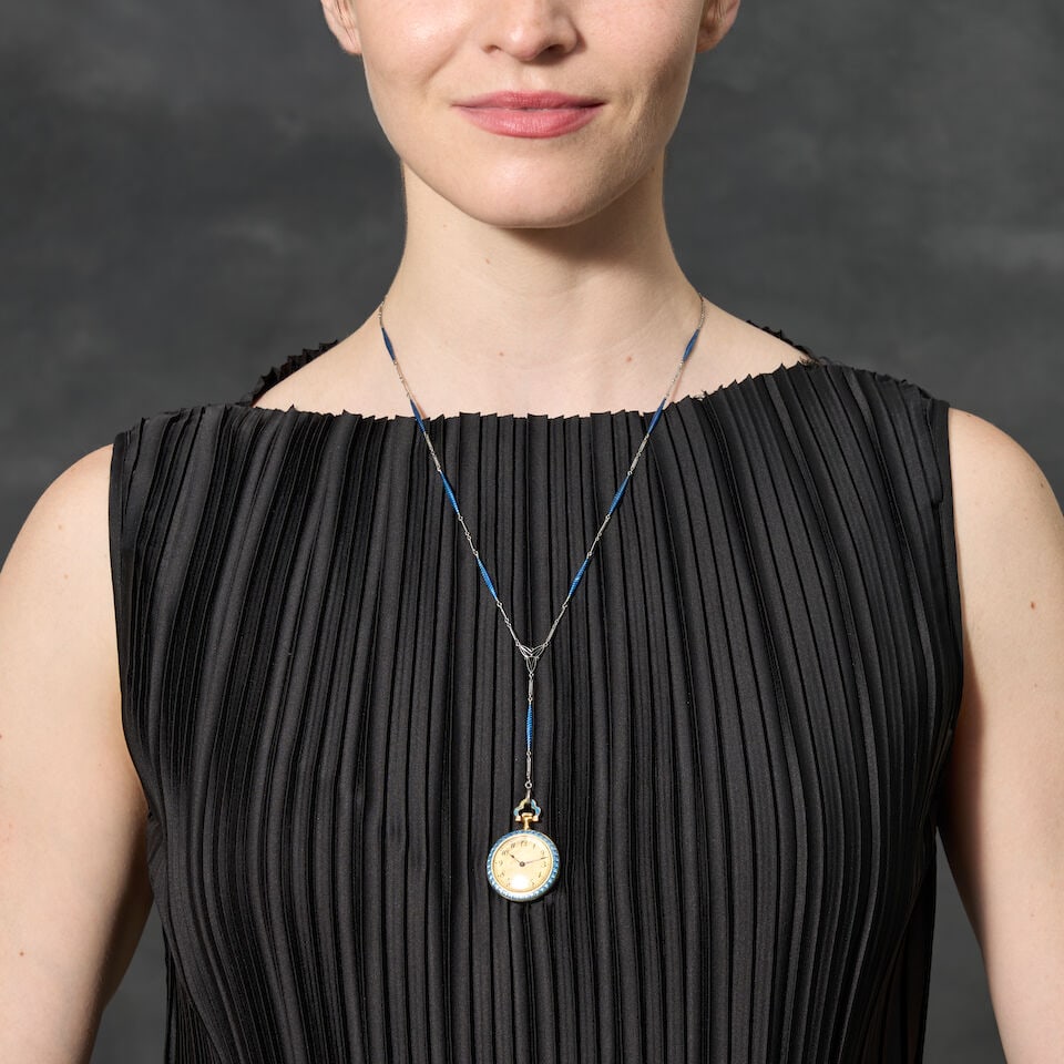 A BELLE ÉPOQUE ENAMEL AND DIAMOND OPEN FACE PENDANT WATCH - 2
