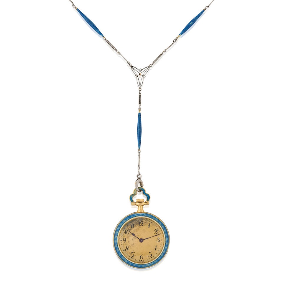 A BELLE ÉPOQUE ENAMEL AND DIAMOND OPEN FACE PENDANT WATCH - 4