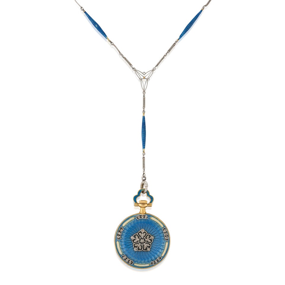 A BELLE ÉPOQUE ENAMEL AND DIAMOND OPEN FACE PENDANT WATCH - 5