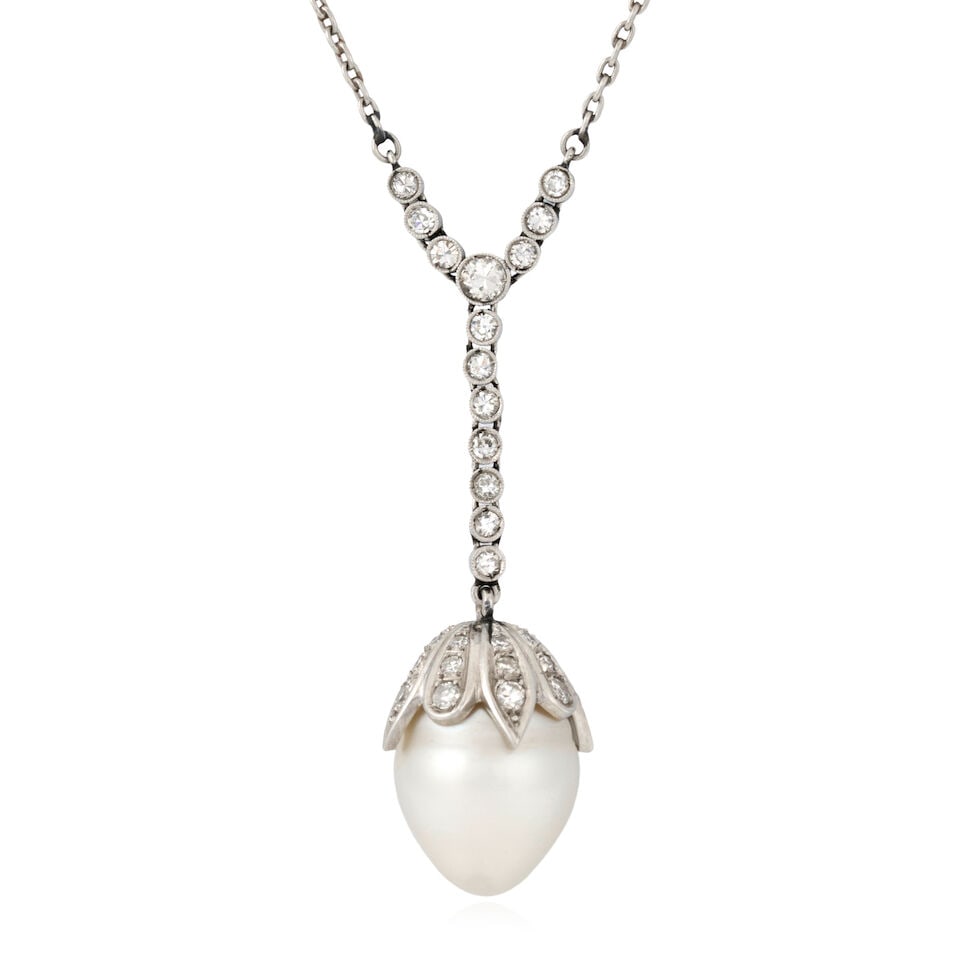 A PLATINUM, CULTURED PEARL, AND DIAMOND PENDANT NECKLACE: A PLATINUM, CULTURED PEARL, AND DIAMOND PENDANT NECKLACE The Art Deco necklace set with old European and single-cut diamonds, suspending a later cultured pearl drop with single-cut diamond cap, gross 