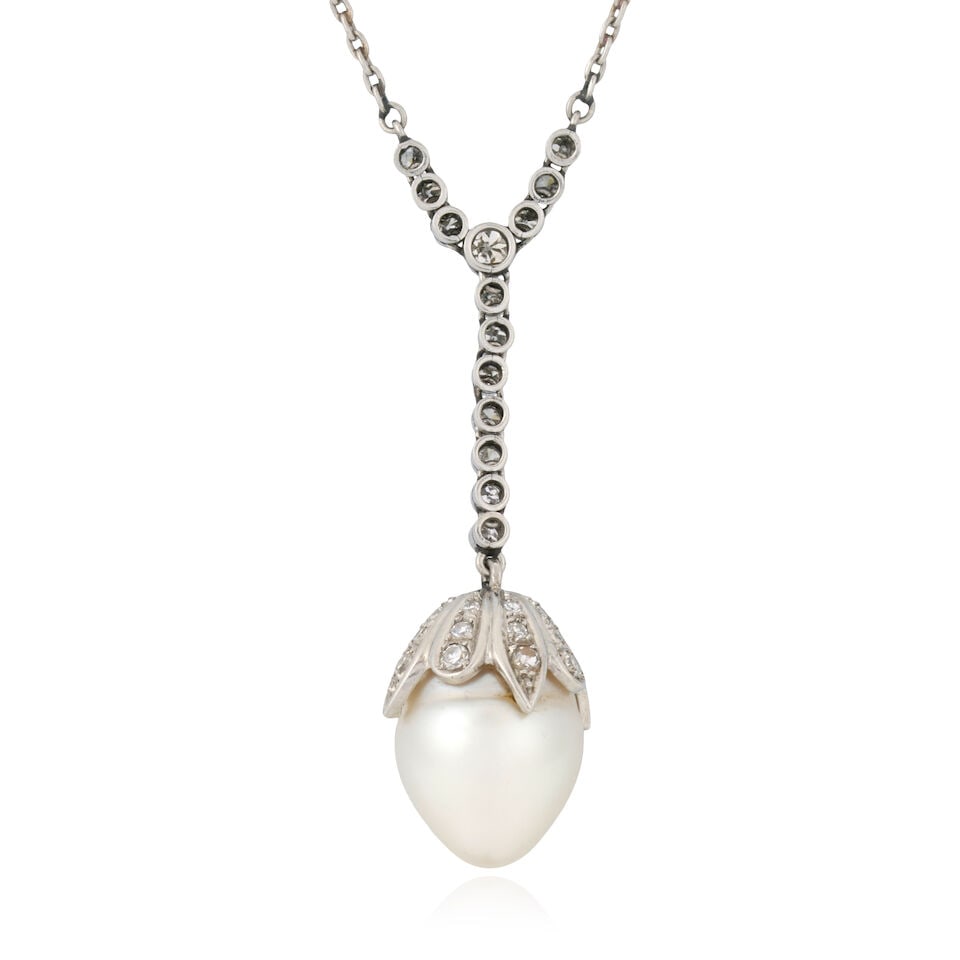 A PLATINUM, CULTURED PEARL, AND DIAMOND PENDANT NECKLACE - 2