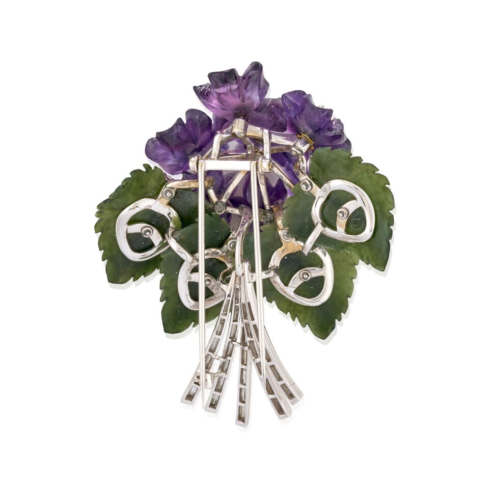 A PLATINUM, CARVED GEMSTONE, AND DIAMOND FLOWER BROOCH - 3