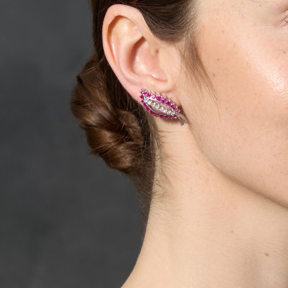 A PAIR OF 14K WHITE GOLD, RUBY, AND DIAMOND EARCLIPS - 2
