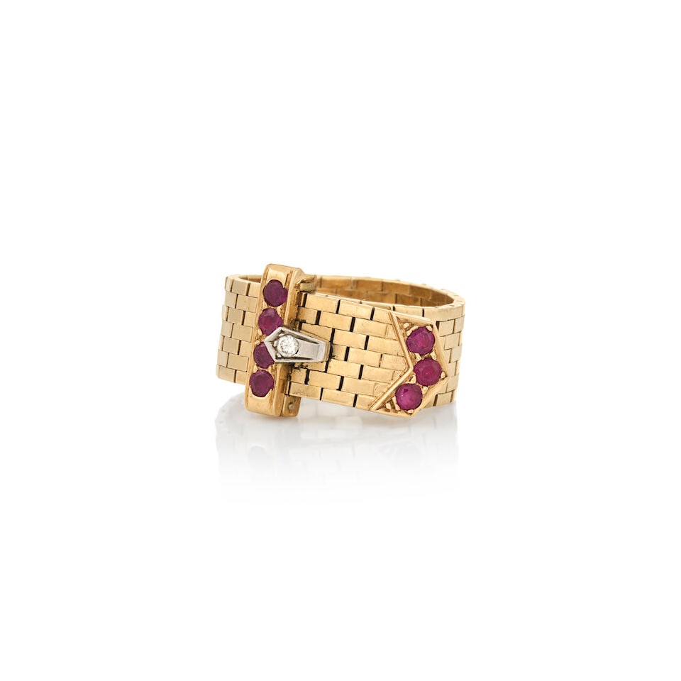 TIFFANY & CO.: A RETRO 14K GOLD, RUBY, AND DIAMOND BUCKLE RING (1 of 5)