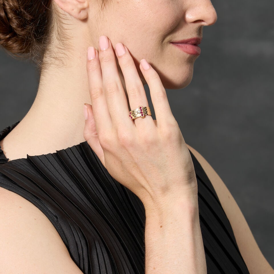TIFFANY & CO.: A RETRO 14K GOLD, RUBY, AND DIAMOND BUCKLE RING - 2