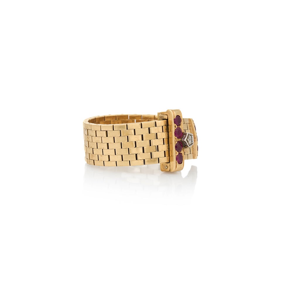 TIFFANY & CO.: A RETRO 14K GOLD, RUBY, AND DIAMOND BUCKLE RING - 5