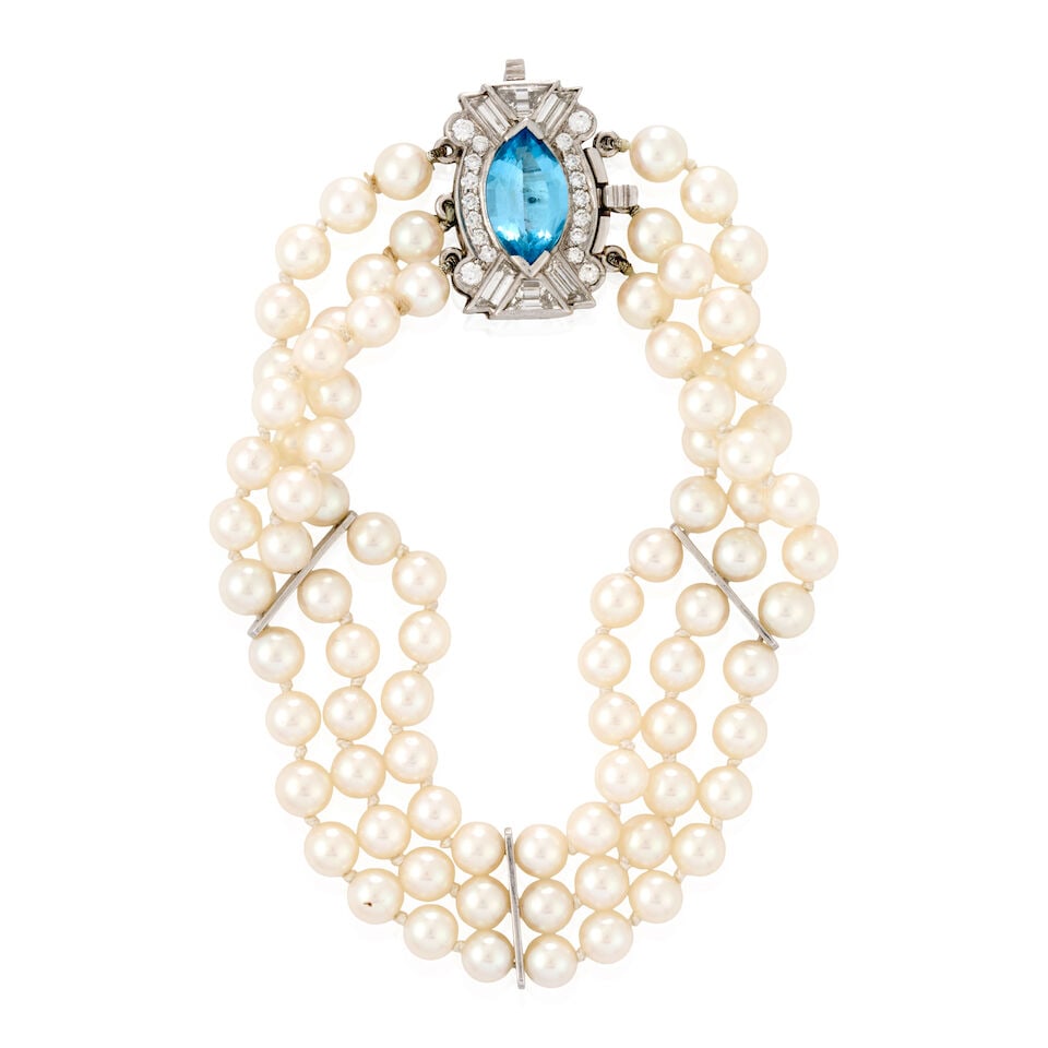 RAYMOND YARD: A CULTURED PEARL, BLUE TOPAZ, AND DIAMOND BRACELET - 4