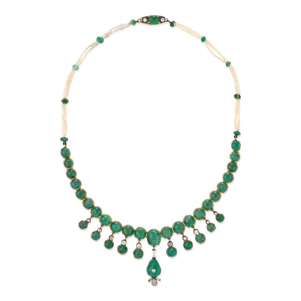 AN EMERALD, DIAMOND, AND SEED PEARL NECKLACE: AN EMERALD, DIAMOND, AND SEED PEARL NECKLACE Set with emerald cabochons graduating in size from approximately 6.90 x 5.75 x 4.20 to 11.15 x 9.05 x 5.85 mm, suspending emerald cabochon and old