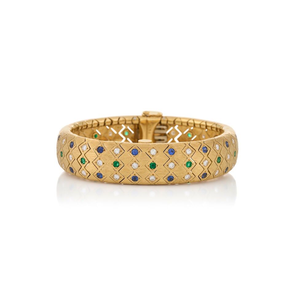 AN 18K GOLD, SAPPHIRE, EMERALD, AND DIAMOND COVERED WRISTWATCH - 4