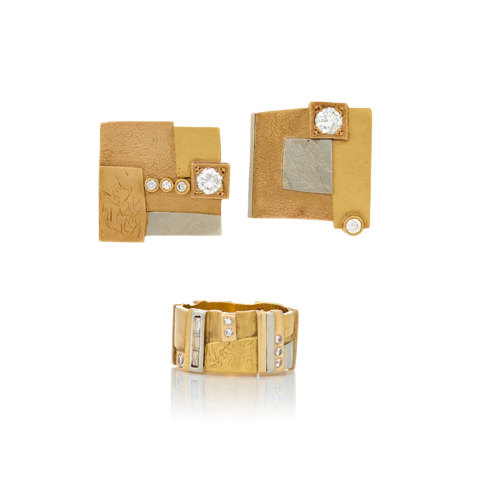 ATTRIBUTED TO RENA KOOPMAN: A GROUP OF TRI-COLOR GOLD AND DIAMOND JEWELRY: ATTRIBUTED TO RENA KOOPMAN: A GROUP OF TRI-COLOR GOLD AND DIAMOND JEWELRY Each of geometric design, comprising a pair of earrings set with full-cut diamonds, and a ring set with full and baguette-cut